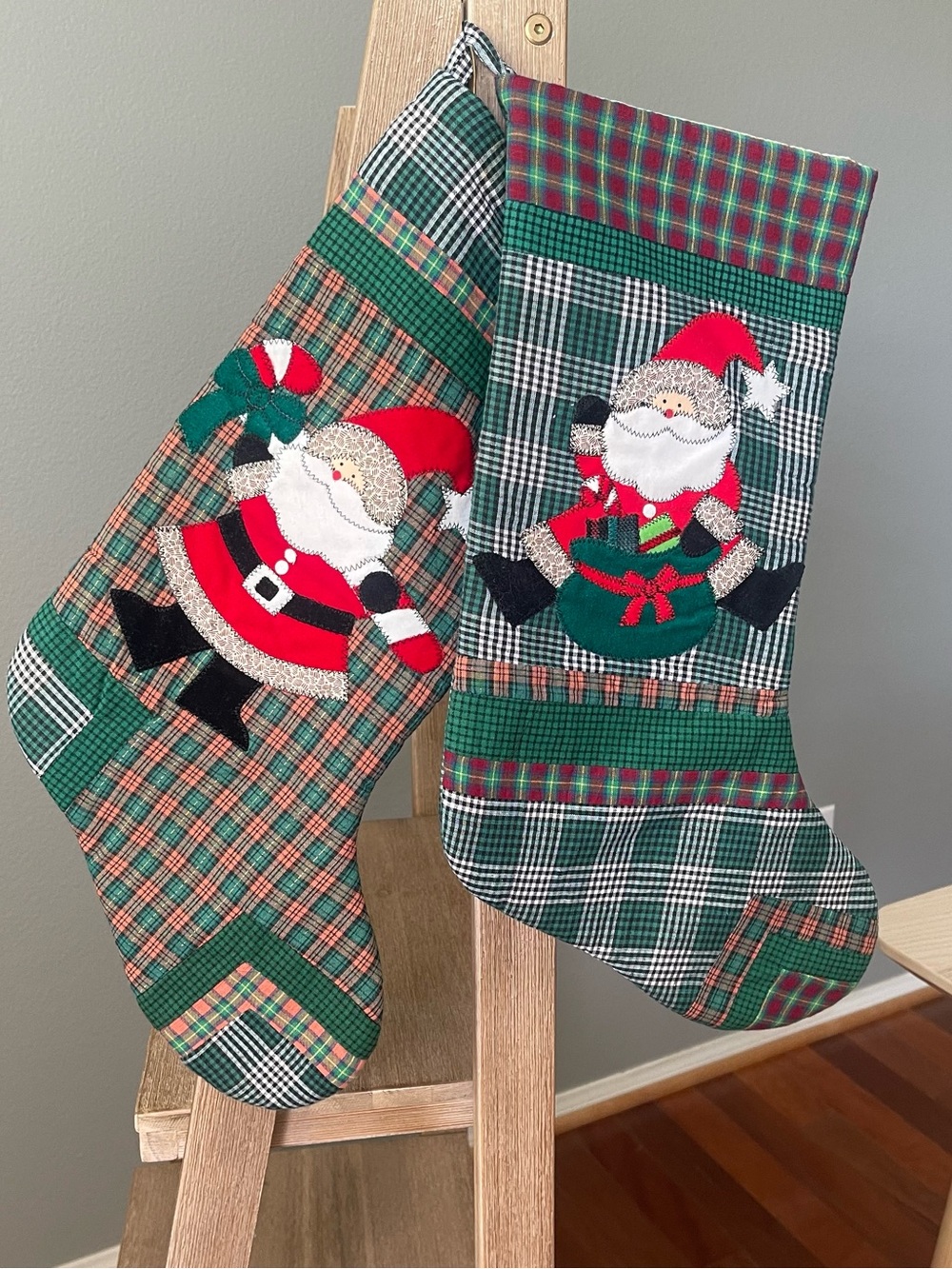 Vintage Country Christmas Stockings -Set of 2 Santa Farmhouse Patchwork Folk Art